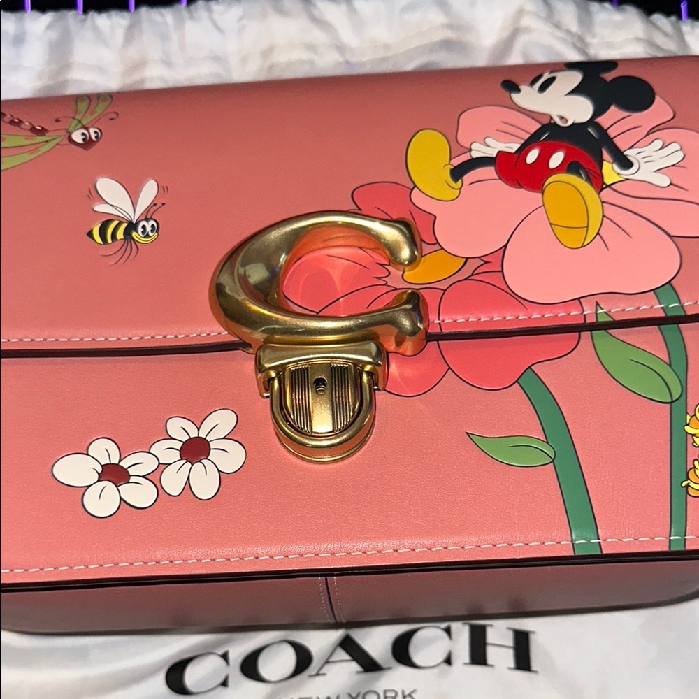 Coach Pink and Gold Mickey Mouse Disney Crossbody Bag with Floral Design